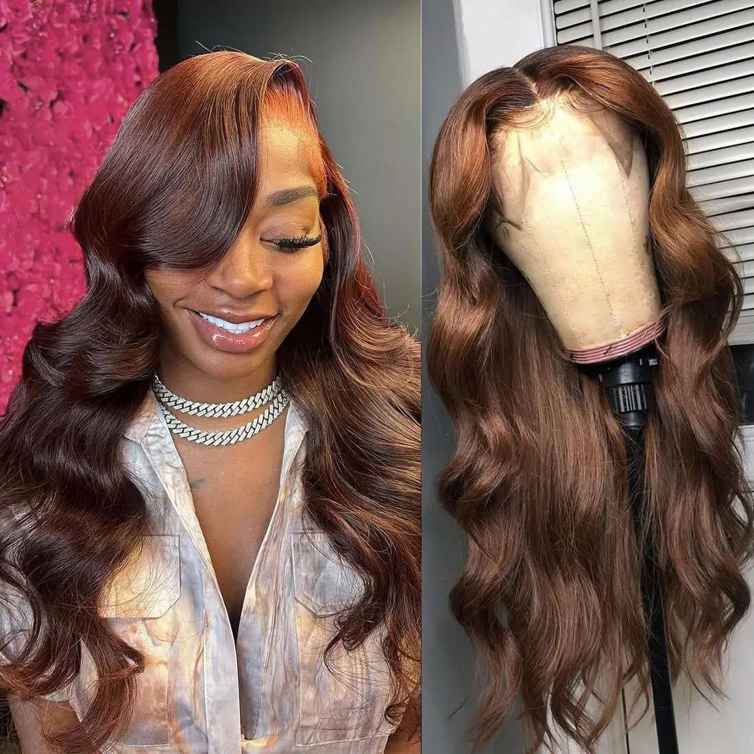 

Chocolate Brown Lace Front Human Hair Brazilian Remy PrePlucked Body Wave 13x4 HD Transparent Lace Frontal Wig On Sale Clearance