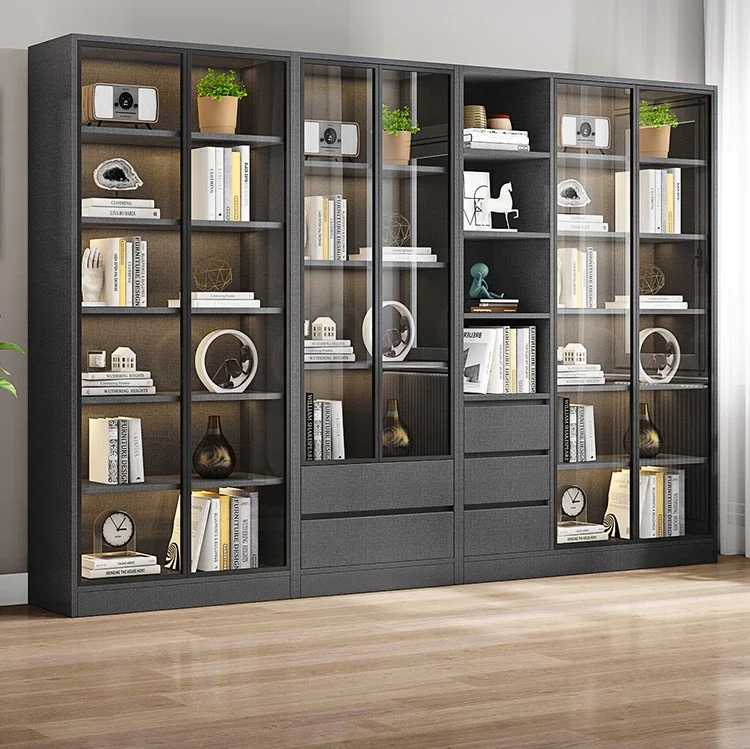 Light luxury glass door bookshelf Nordic minimalist modern display bookshelf living room whole wall solid wood storage