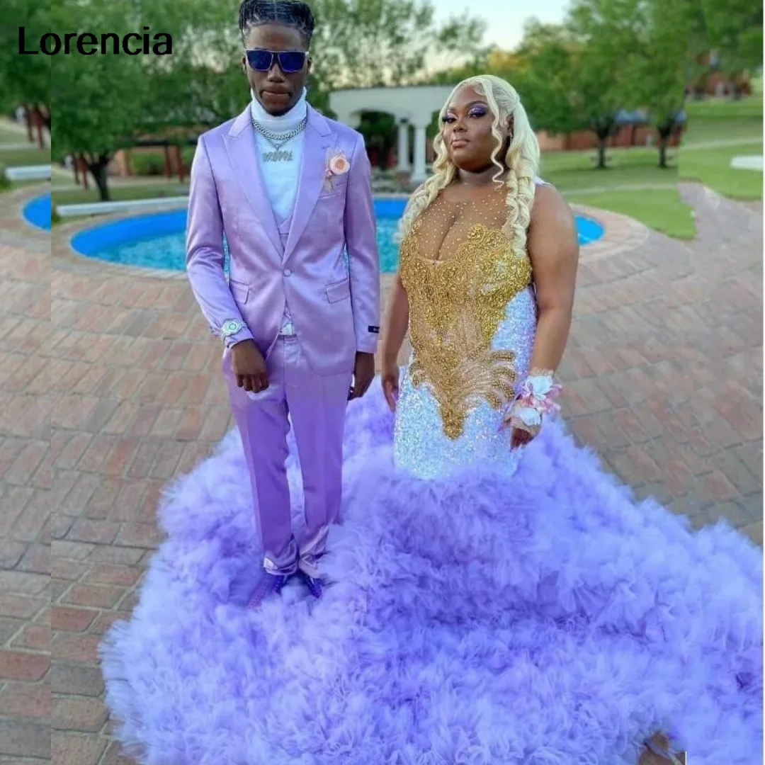 

Customized Lilac Purple Sequins Prom Dress For Black Girls Ruffles Gold Crystals Beaded Formal Party Gown Robe De Soiree YPD51