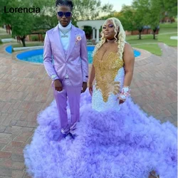 Customized Lilac Purple Sequins Prom Dress For Black Girls Ruffles Gold Crystals Beaded Formal Party Gown Robe De Soiree YPD51