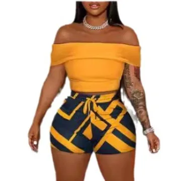 Summer Two Piece Sets Womens Outifits Fashion Off Shoulder Crop Top and Geometric Print Shorts Set Women Tracksuit Clothes