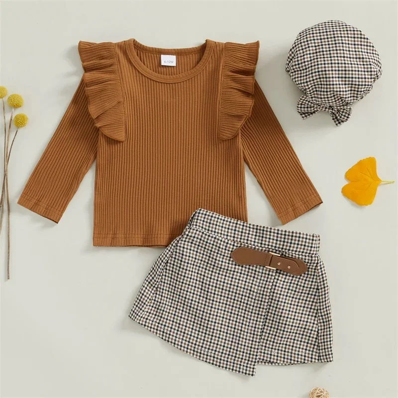 1-5Y Kids Girl Autumn Outfits Solid Color Ribbed Knit Ruffles Long Sleeve Tops Plaid Skorts Hat 3Pcs Clothes Set Streetwear