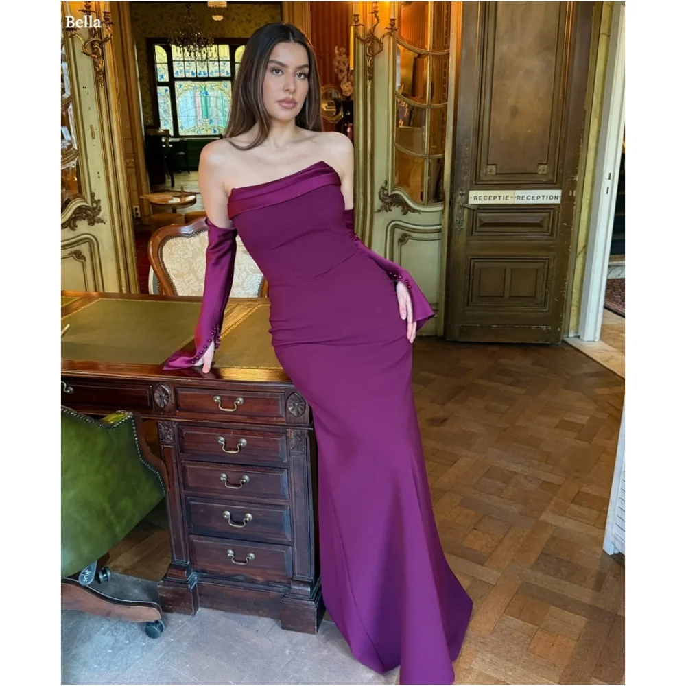 

Bella Customized Purple Mermaid Satin Sleeves Pearls robes de soirée Strapless Backless Party Dresses Floor-Length Prom Dress