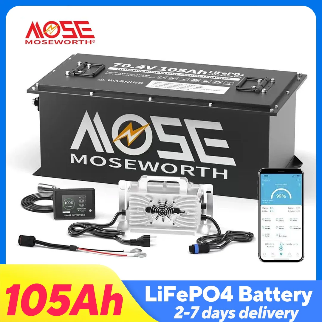 

Аккумулятор MOSEWORTH 72В 105Ач для гольф-кара, LiFePO4, с Bluetooth, сенсорным монитором и приложением, 20000 глубоких циклов и зарядное устройство 18А