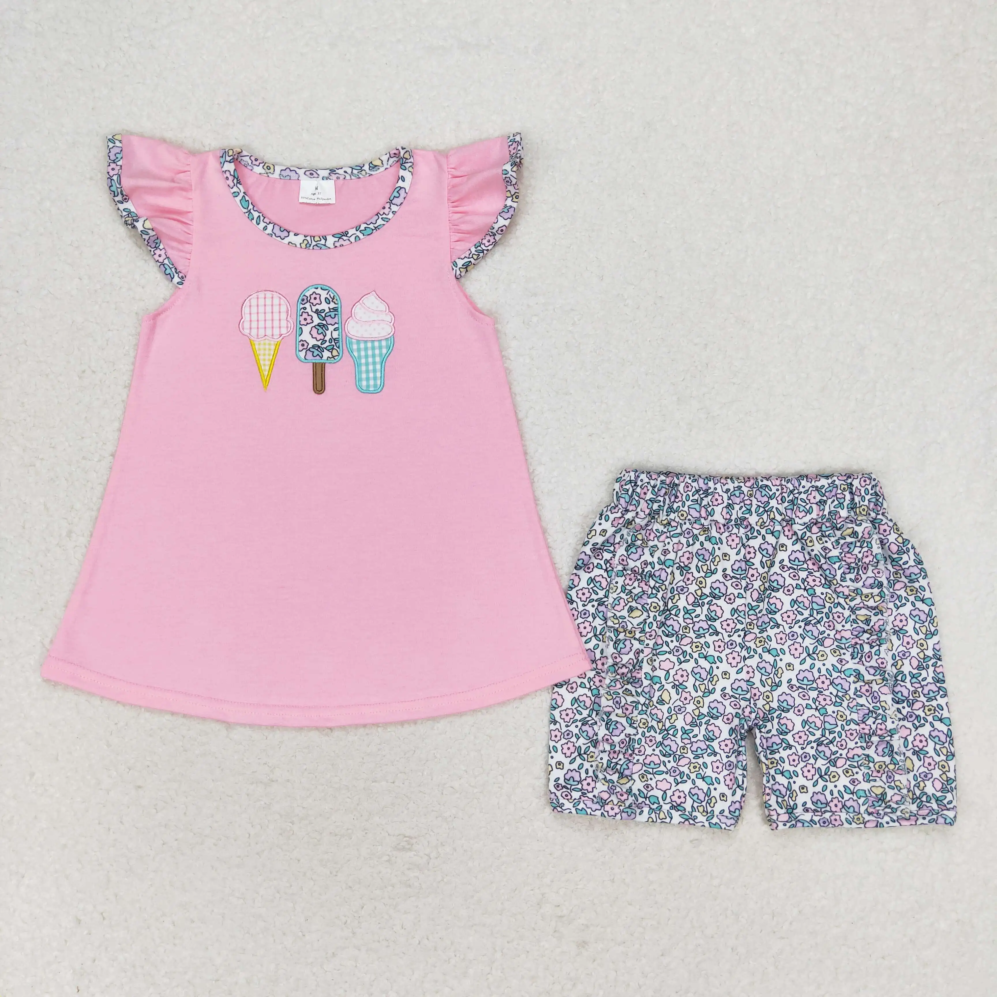 

GSSO1193 Toddler Girls Clothes Short Sleeve Embroidery Print Top With Shorts Set Kids Summer Boutique Outfits