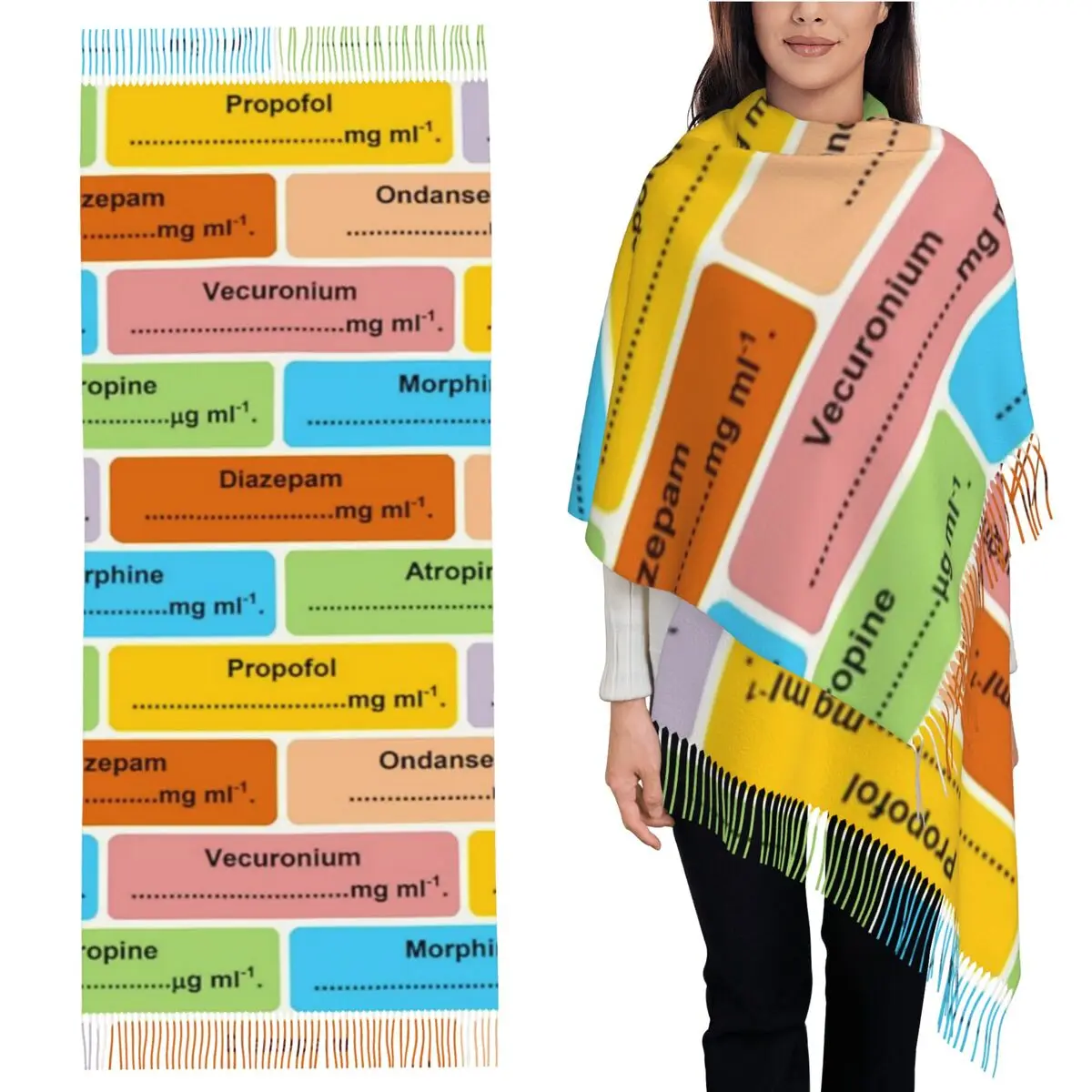 Anesthesiologist Drug Label Pattern Scarf Tassel Scarves Shawls and Wraps Long Fall Winter Shawl Wrap