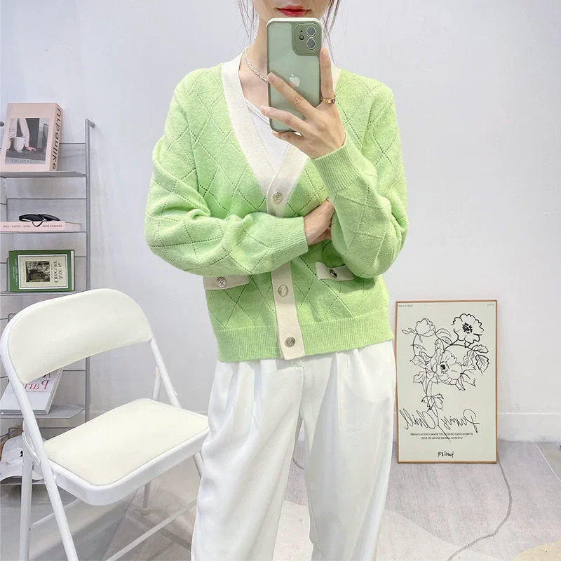 Color Patchwork Women's Hollow Out Argyle Sweater Single Breasted Long Sleeve Female V-Neck Knit Cardigan
