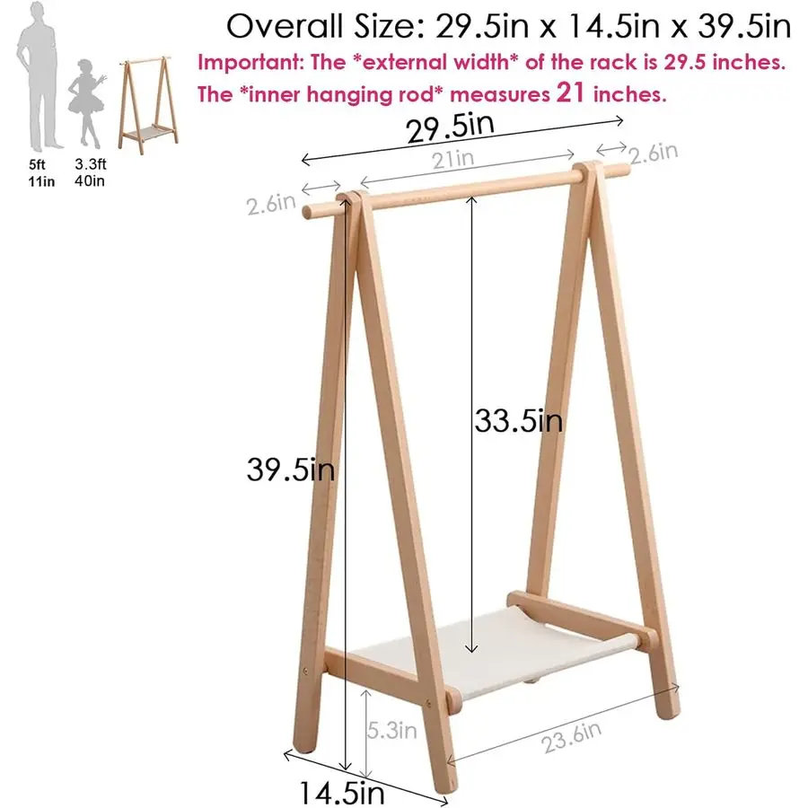 Dress up Rack, Child Garment Rack, Kids Clothing Rack with Storage Shelf Natural Beech, 29.5 L x 14.5 W x 40 H