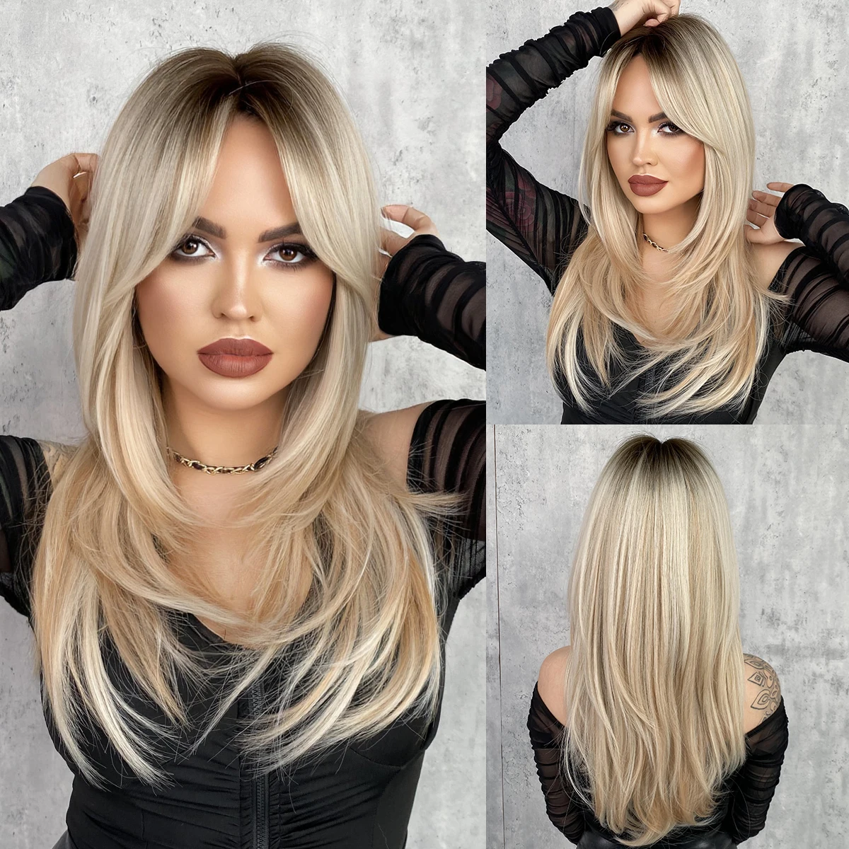 NAMM Ombre Blonde Peruka dla kobiet Długa prosta peruka z grzywką na dzień Paty Syntetyczna warstwowa peruka Hai Włókno termoodporne