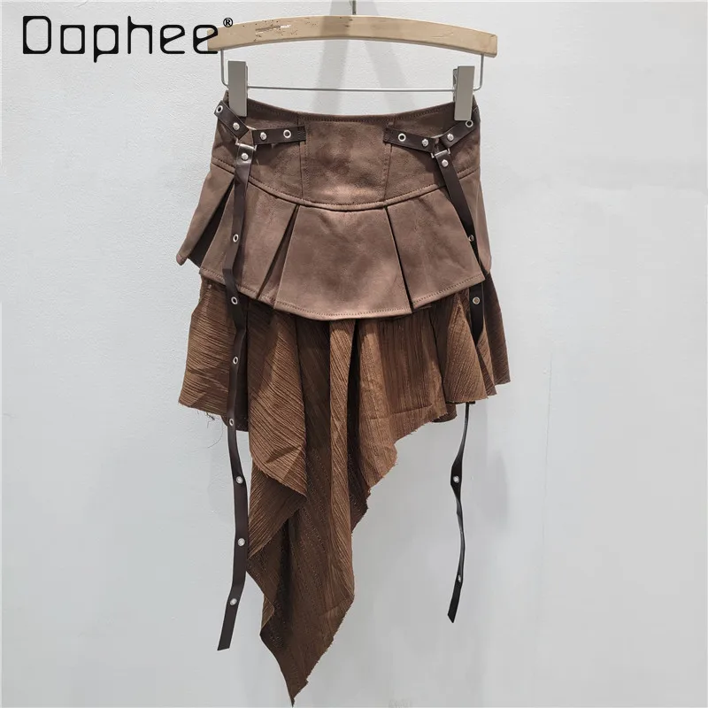 

Retro Splicing Imitation Suede Pleated Skirt Women Summer Street Hot Girl Fashion High Waist A-line Skirts Y2K Irregular Skirt