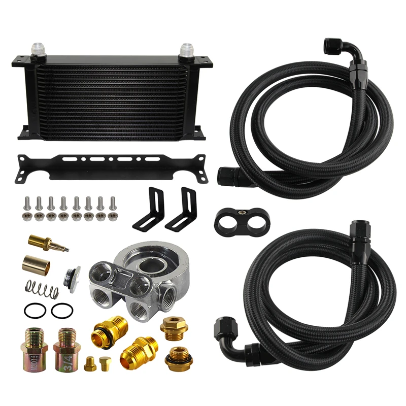 Universal 19 Row 10AN Engine Oil Cooler Kit & Thermostat 70 Degree C Oil Filter Adapter & Mount Bracket