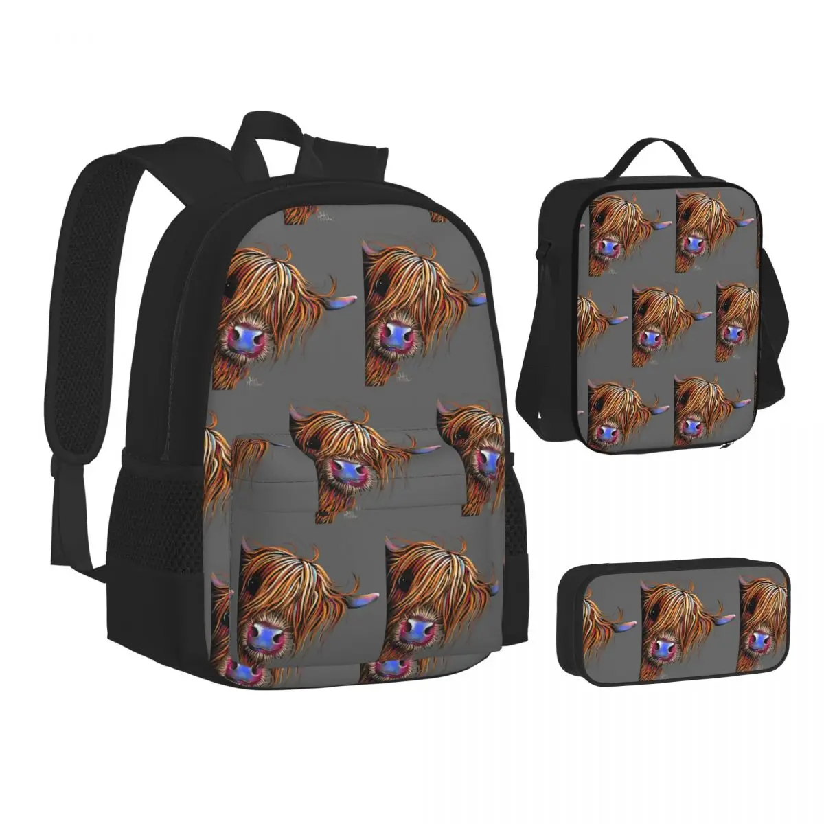 Highland Cow Print Scottish Backpacks Boys Girls Bookbag School Bags Children Rucksack Lunch Bag Pen Bag Three-Piece Set