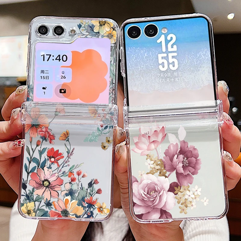 Colorful Flower Printed Phone Case For Samsung Galaxy Z Flip 8 7 FE 6 5 4 3 Folding Clear Hard Cover For Samsung Z Flip8 Flip7