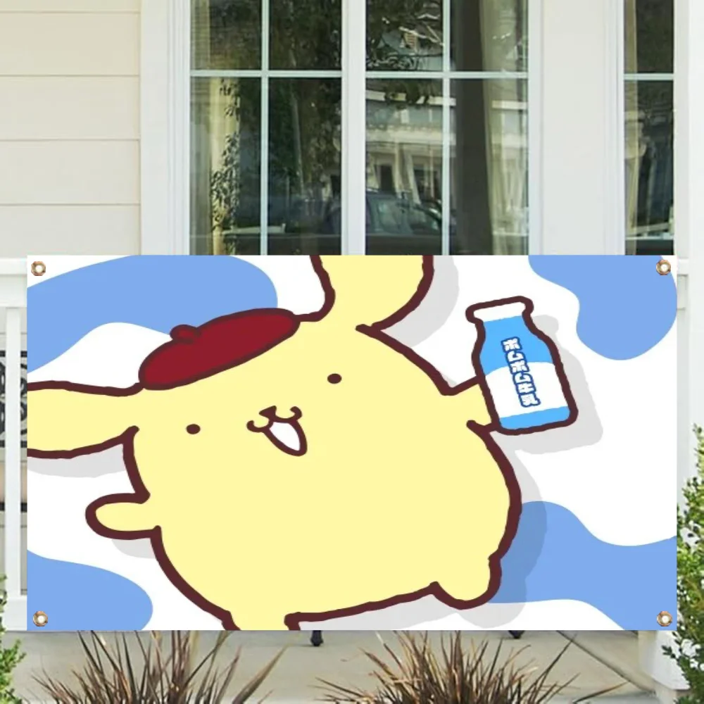 Wall Decoration Sanrio PomPomPurin Four Hole Single Sided Flag Polyester Outdoor Decor Room Aesthetic Funny Flags and Banners