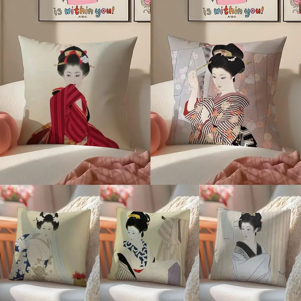 Classic Japanese Lady Cushion Cover Linen Pillowcase Cover Soft Decor for Sofa Home Room