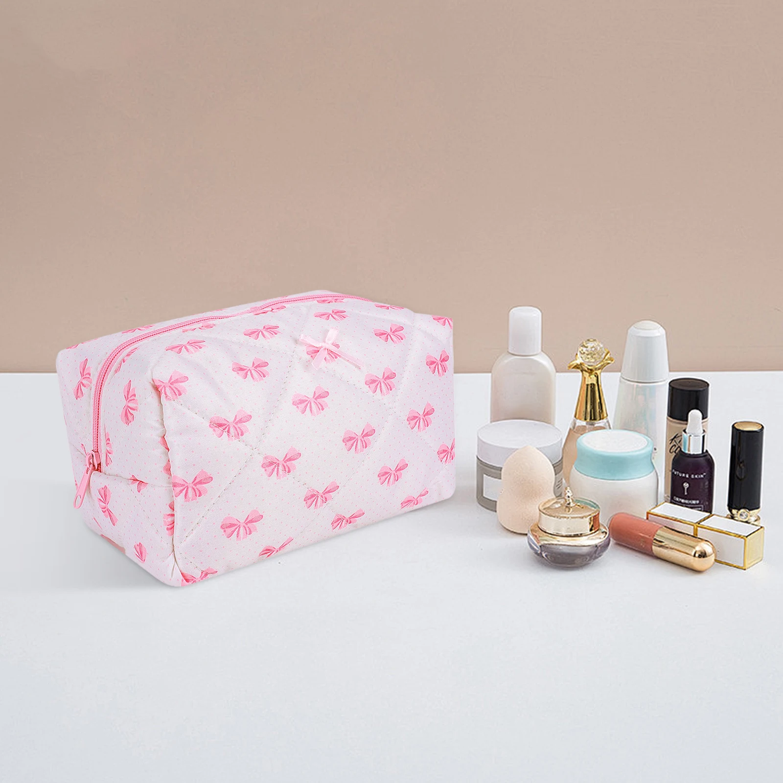 

Милая косметичка с бантом на молнии, дорожная сумка для макияжа, стеганый хлопковый органайзер для косметики, эстетичный для женщин и девушек
