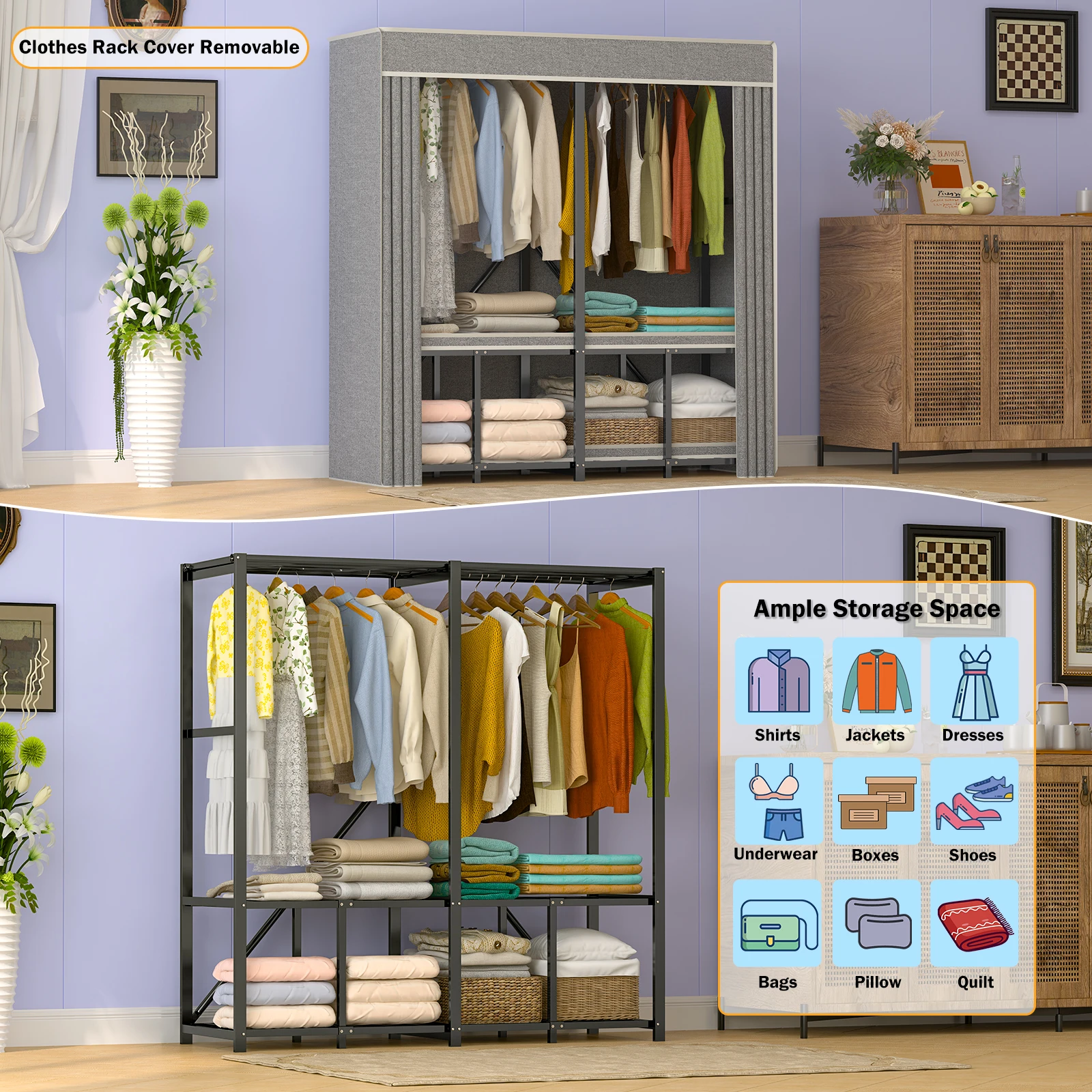 59.1 Inch Misty Grey Portable Closet Wardrobe 150×52×172cm Heavy‑Duty Metal Frame Clothes Storage Rack with Dustproof Cover for Bedroom Home Organizer