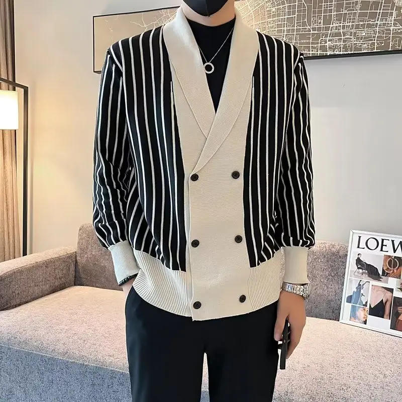 2023 outono e inverno britânico retro faculdade listra contrastante terno colarinho duplo breasted manga comprida solto camisola