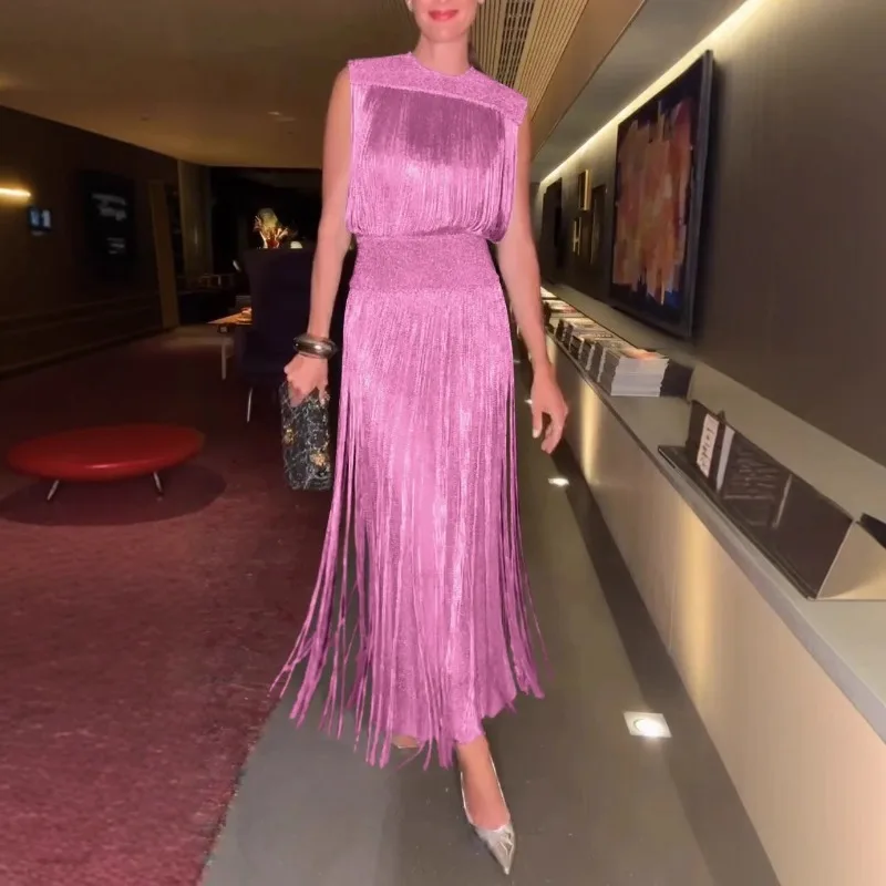 European and American Cross-border New Amazon Independent Station Elegant Fringed Dress Party Sleeveless Dress Two-piece Set