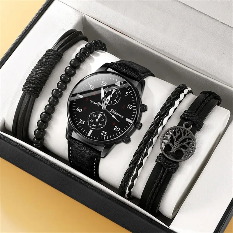 

New Men Watch Luxury Bracelet Set Fashion Business Brown Leather Quartz Wrist Watches for Men Gift Set Relogio Masculino