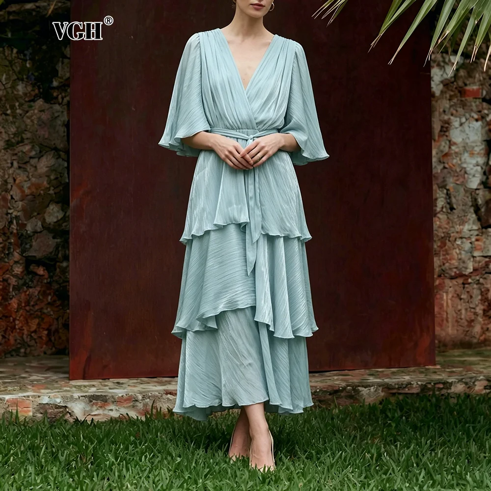 

Элегантное зеленое многоярусное платье макси VGH для женщин с V-образным вырезом, пышными рукавами до локтя и акцентной юбкой на шнуровке для романтических свиданий во французском стиле