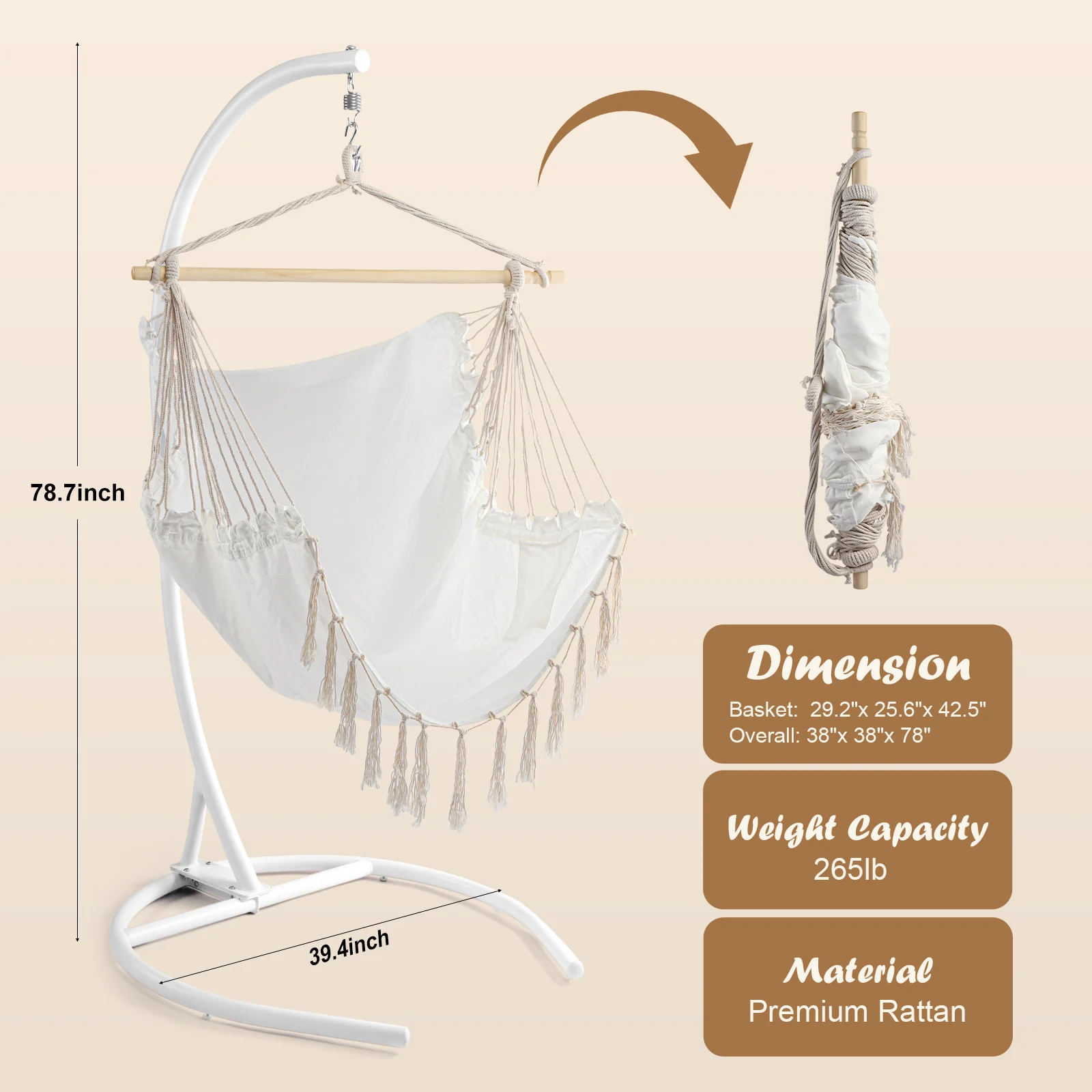 Hammock Chair, Maximum Load 330lbs, Suspended Cotton Rope Hammock Swing Chair with Cushion