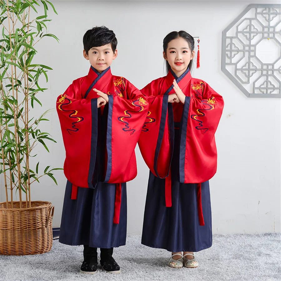 Children Chinese Style Traditional Hanfu Dress Kids Embroidery Tops Skirt Girl Boy Oriental Clothing Set Ancient Cosplay Costume