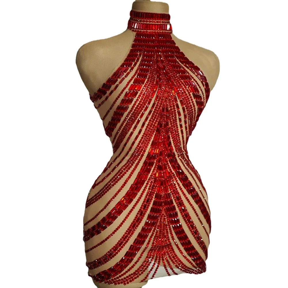 Sparkly Red strass abito corto senza maniche donna Sexy See Through Party Celebrate Birthday Dress Photography Wear Stage Wear