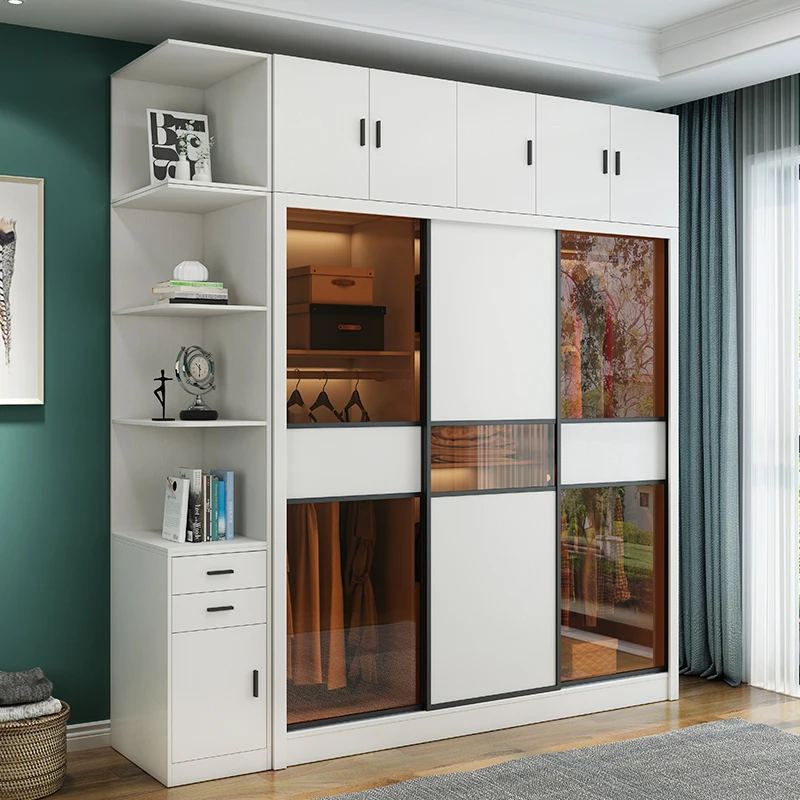 Luxury glass door wardrobe Modern simple sliding door bedroom cabinet Overall assembly wardrobe