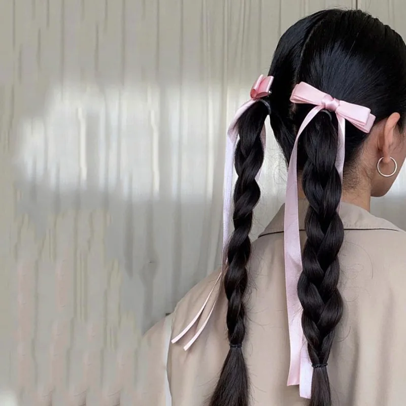 Two Elegant Ballet-Style Braided Hair Clips with Long Streamer Bows, Fashionable Streamer Hair Accessories for Women with Graceful Charm