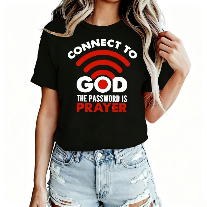 Connect to God-1 Women's T-Shirt 100% Cotton Funny Graphic Short Sleeve Tee Novelty Shirt Casual Crew Neck Top S-5Xl