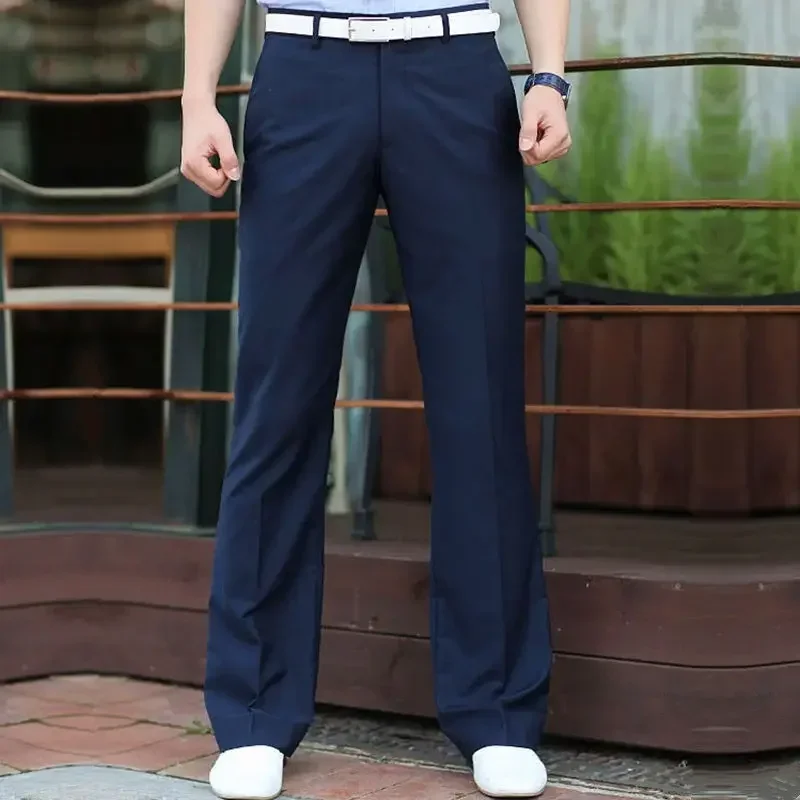 Flared Blue Man Suits Pants Bell Mouth Work Trousers for Men Office Tailoring Summer 2024 High Quality Wear Formal Classic Up