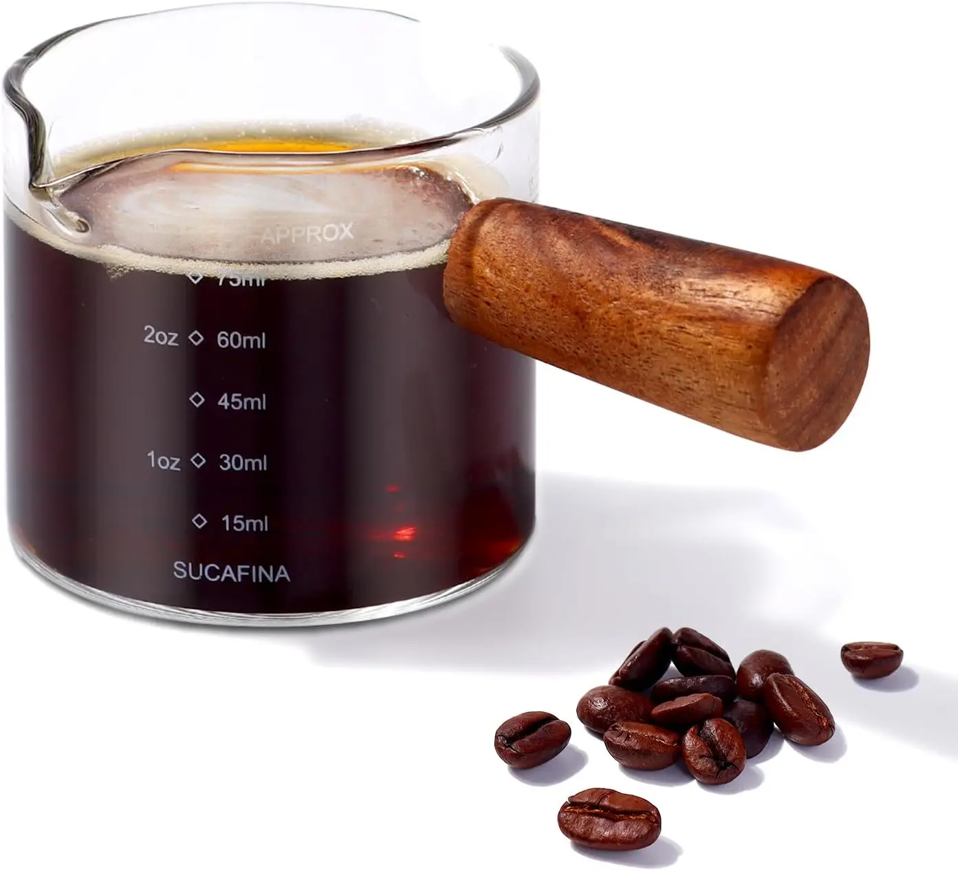 

Cute 1 Pack Double Spouts Measuring Triple Pitcher Milk Cup ,with Wood Handle 75ML Espresso Shot Glasses Parts Clear Glass