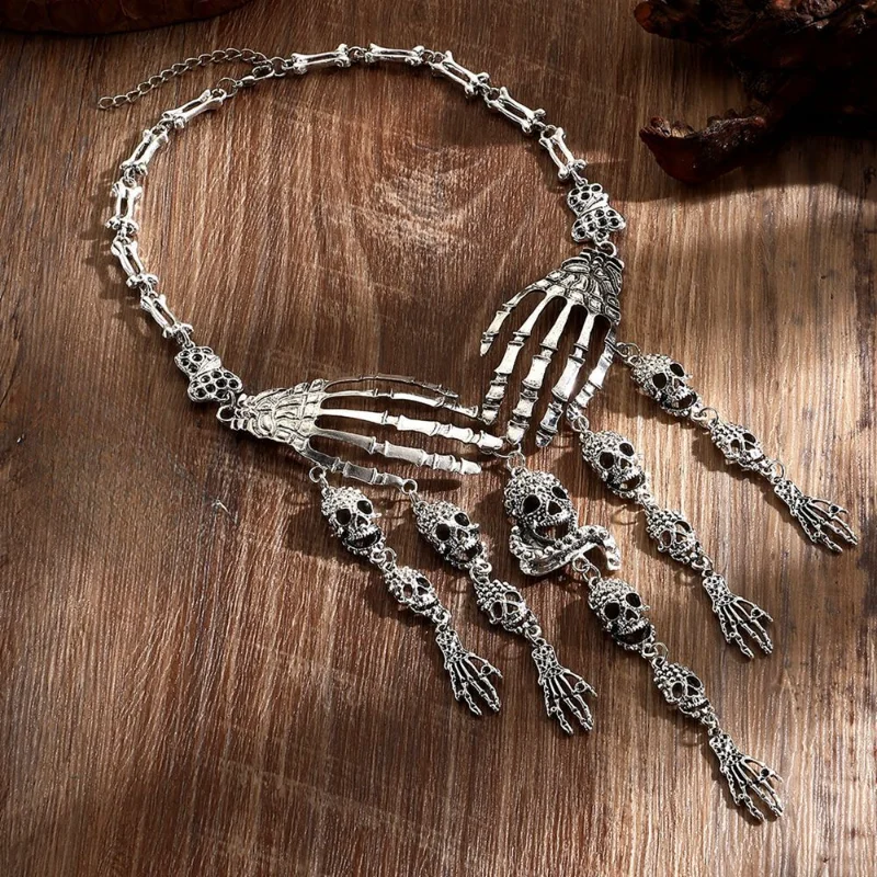 Women's Halloween Skeleton Necklace Choker Exaggeration Tassel Skull Bones Charms Party Cosplay