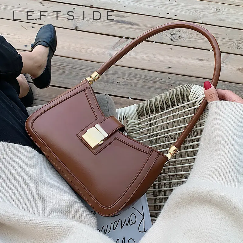 LEFTSIDE Shoulder Bags For Women Solid Color PU Leather 2023 Trend Lock Handbags Small Purse Hand Lady Designer Zipper Clutch