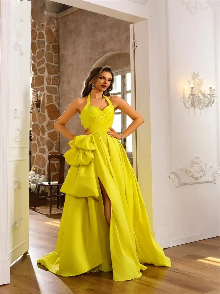 Customized Halter Neckline Sleeveless A-Line Tafetta Evening Dress Elegant Open Back Floor Length Sweep Train Gown For Women