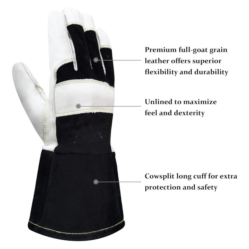 XYEHS-guantes de trabajo de seguridad para soldadura TIG, manguitos largos de piel de cabra Premium, resistentes al calor, resistentes a chispas en la espalda, 1 par