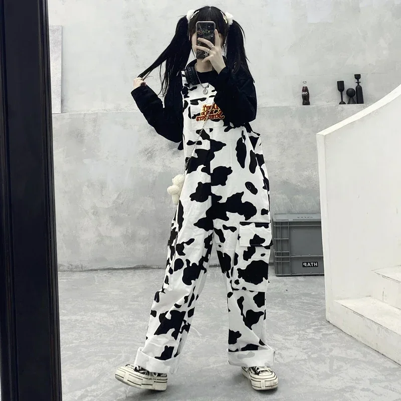 Street Hip-Hop Harajuku Mädchen Kuh Print Oneies für Frauen schwarz weiß karierte Overalls lässige Overall Hose Baggy Pants