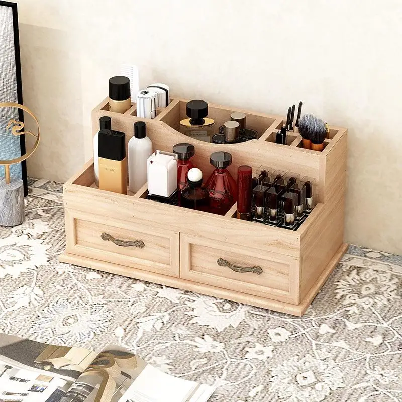 Natural Wood Desktop Multi-Functional Cosmetic Storage Box Office Supplies Drawer Type Lipstick Grid Jewelry Box Organizer