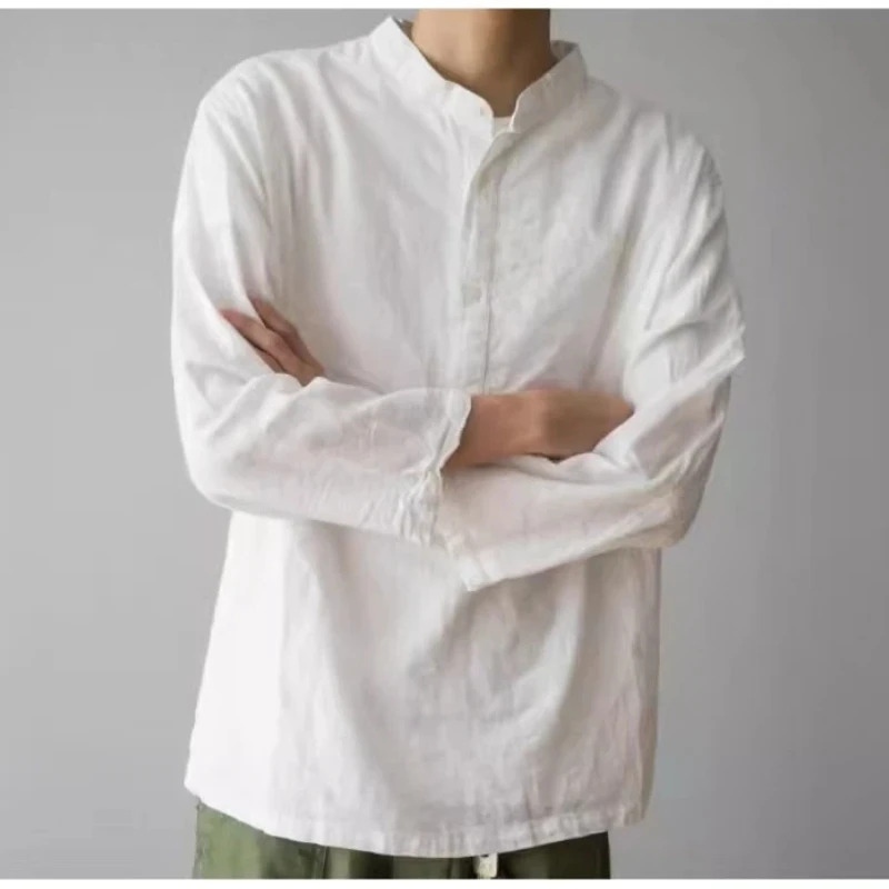 

New Men's Tops Cotton and Linen Long-sleeved Lapels Loose Single-breasted Casual Lining