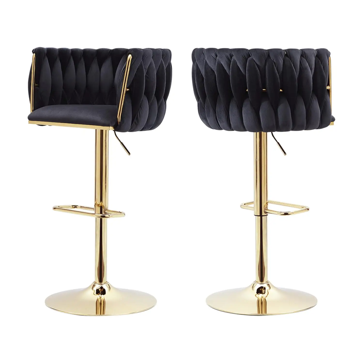 Black Velvet Bar Stools Set of 2 - Modern Adjustable Swivel Counter Height Chairs with Woven Back, Gold Metal Leg &, Customized