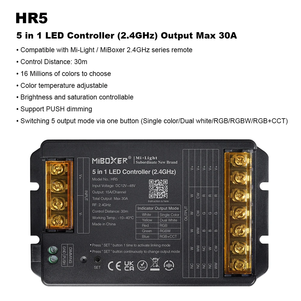 HR2 2IN1 HR5 5IN1 2.4GHz RF LED Controller Miboxer Large Current Max 30A For Single Color/Dual White/RGB/RGBW/RGB+CCT Led Strip