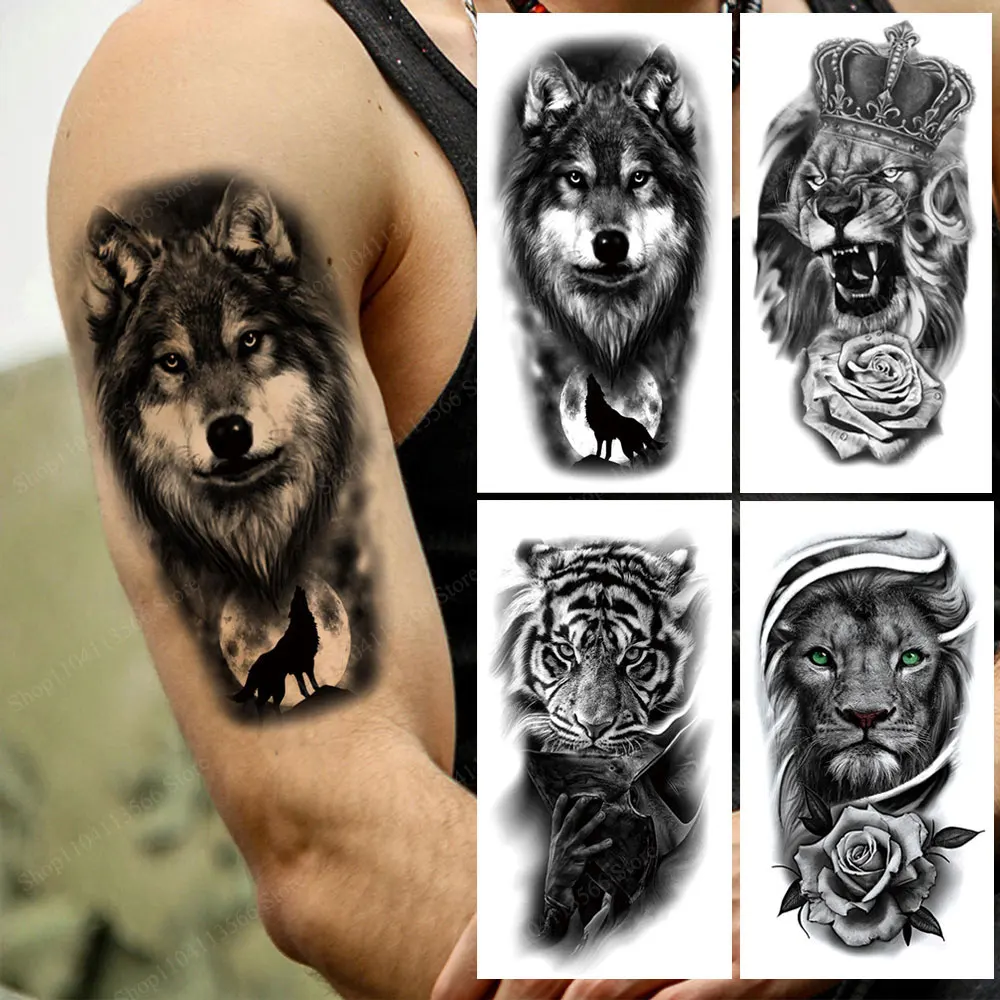 Animal Men's Temporary Tattoos for Arm Sleeve Body Waterproof Wolf Lion Tiger Tattoo Stickers Fake Tattoo for Women
