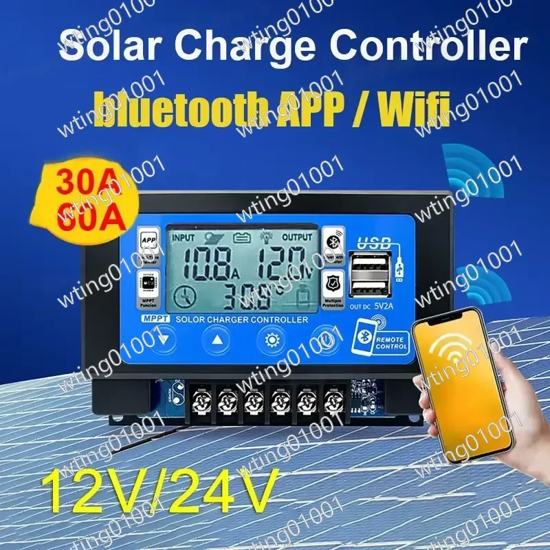 For 12V 24V 30A 60A Bluetooth Wifi Solar Charge Controller Embedded Snap-on Dual USB LCD Auto Cell MPPT Panel Charger