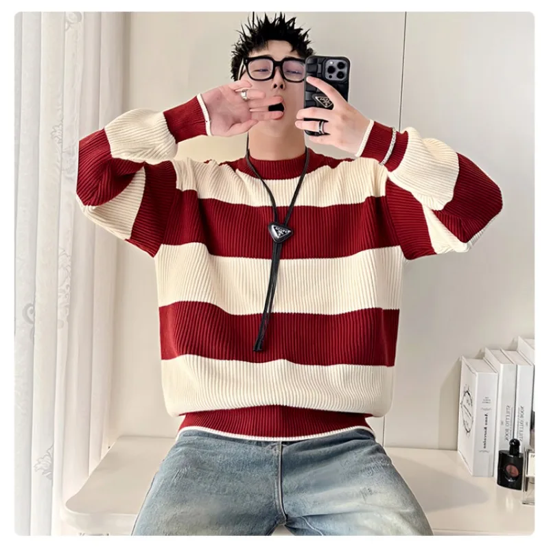 Men's Round Neck Long Sleeve Pullover Contrasting Color Threaded Sweater Knitted Casual Fashion Top