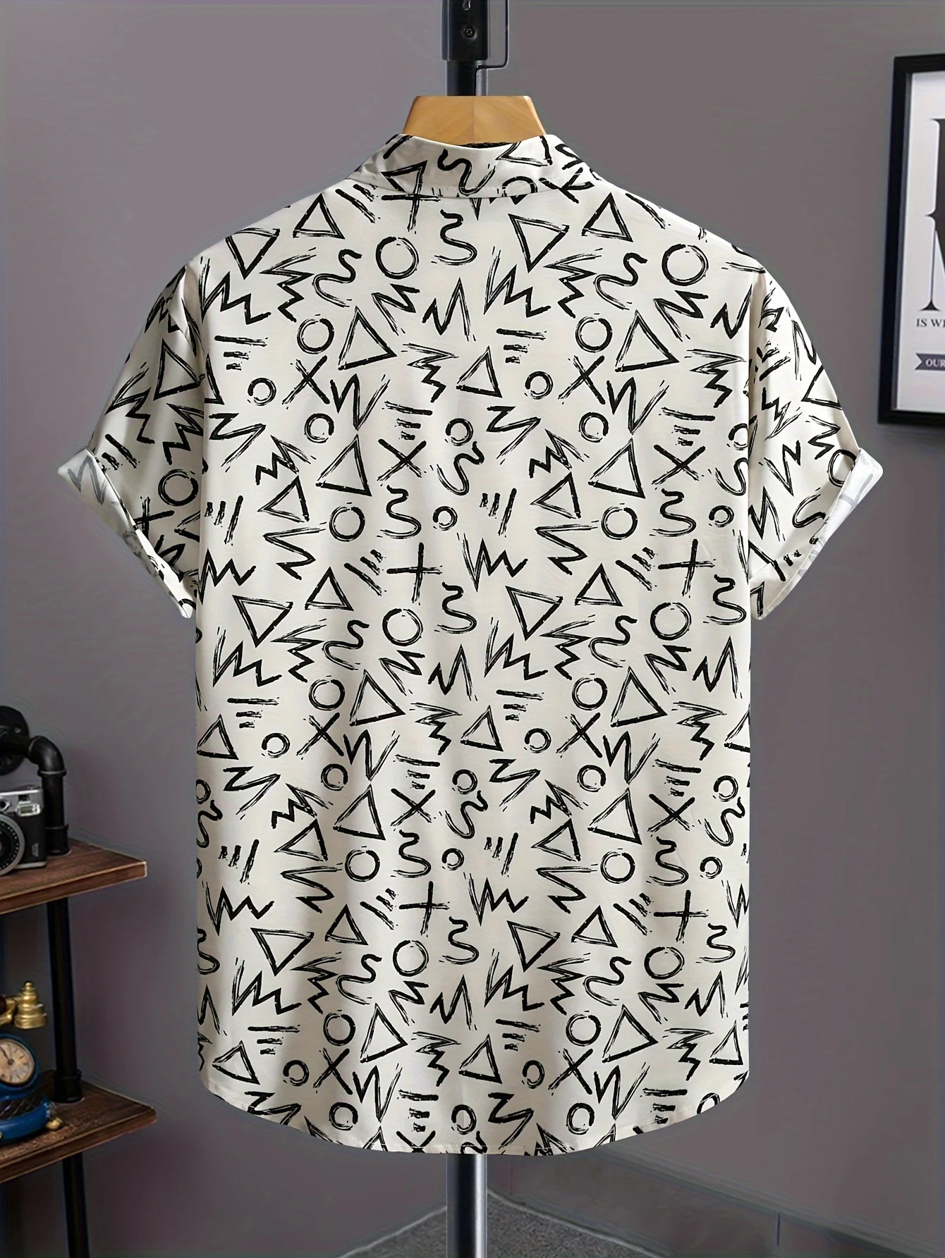Men Short Sleeve Button Down Shirt Black Doodle Geometric Print Polyester Lapel Collar Casual Beach