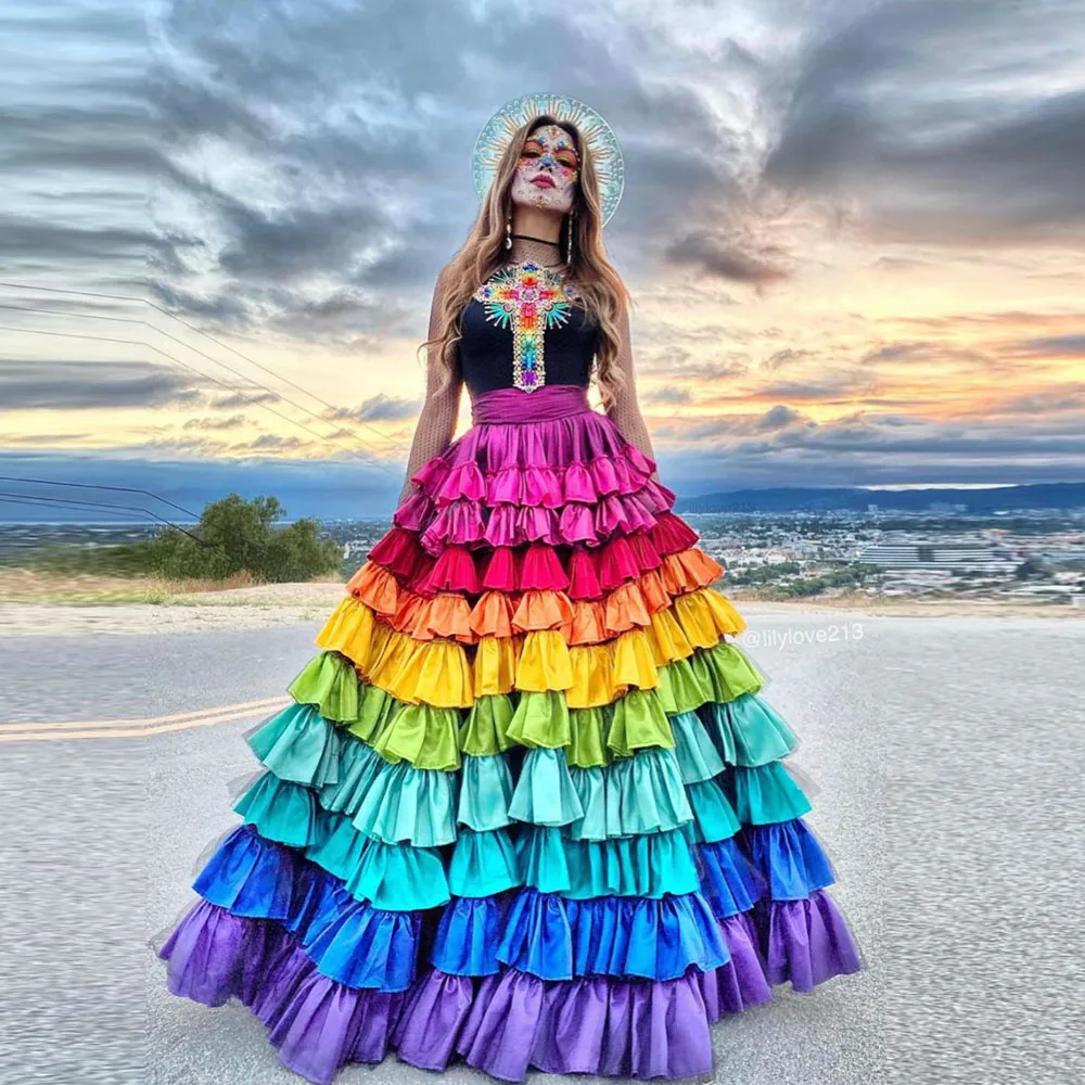 

Eye Catching Rainbow Layered Satin Long Skirts To Holiday Party A-line Floor Length Women Maxi Skirt Handmade Girls Skirt