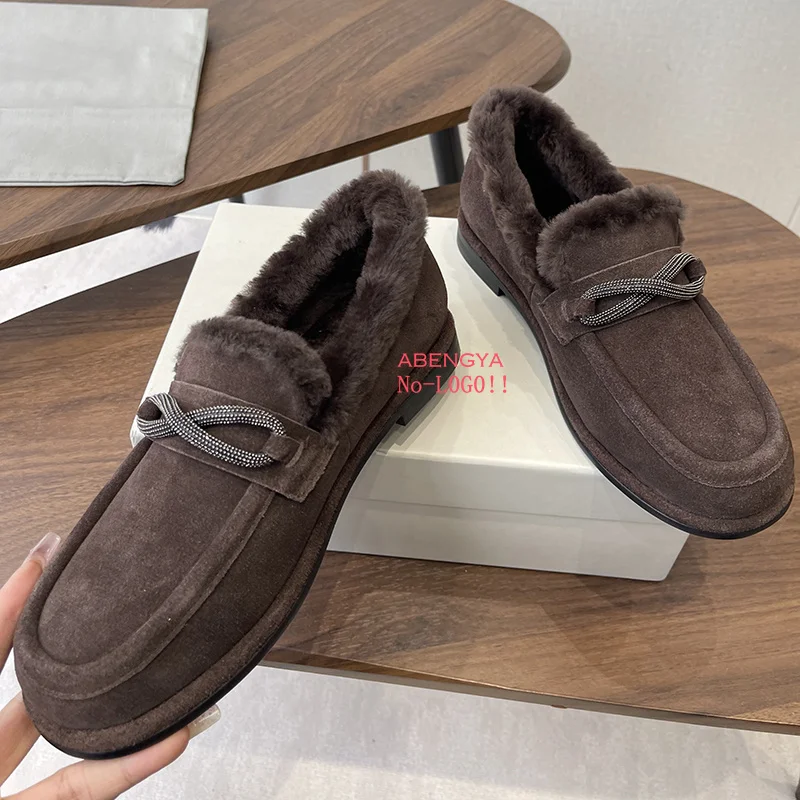 

Designer Coffee Suede Flat Loafers Shoes Women Crystal Bead Wool Fur Shoes Winter Casual Party Vacation Walking Shoes Women