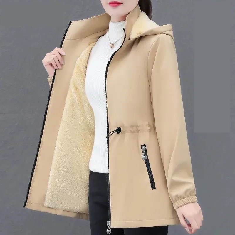 Autumn Winter Jacket Women Velvet Windbreaker Coat New Fashion Mid Long Hooded Cotton Padded Jackets Ladies Outerwear Gabardina