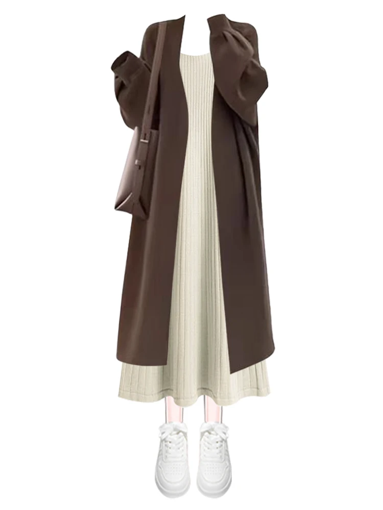 

Длинное вязаное пальто в Корейском стиле и утягивающий прямой комплект из двух предметов, осенне-зимняя модная верхняя одежда V Ne Long Sve Wom...